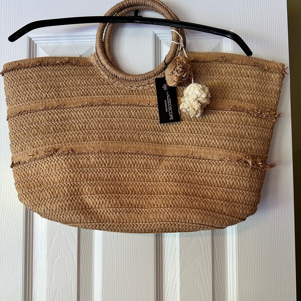 Kaleidoscope Straw Tote Boho Pom Pom Bag NWT